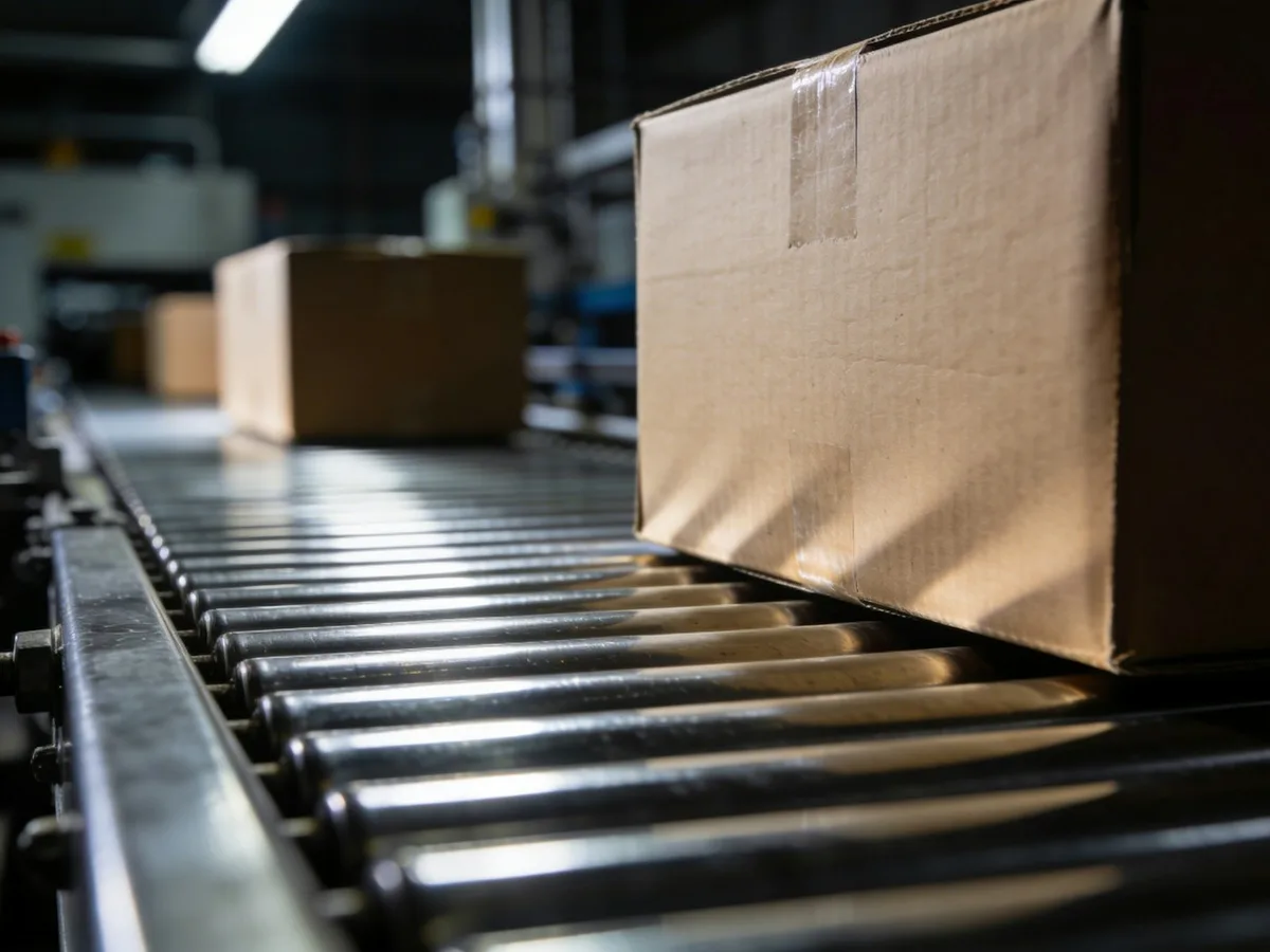 Cardboard parcels moving along a conveyor in a fulfilment centre
