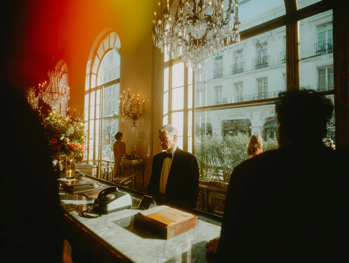 Hotel front desk with staff welcoming arriving guests