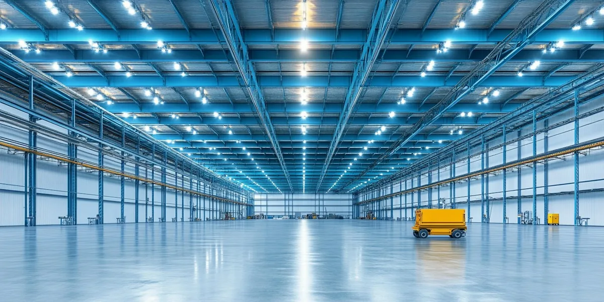 Wide blue-lit distribution warehouse with a lone freight vehicle