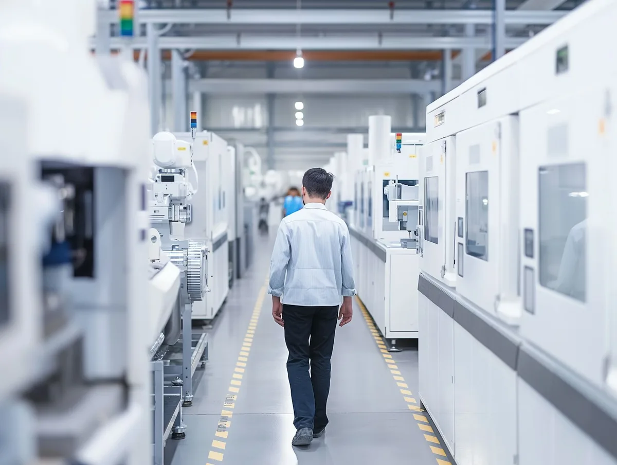 Engineer walking a clean high-tech production facility